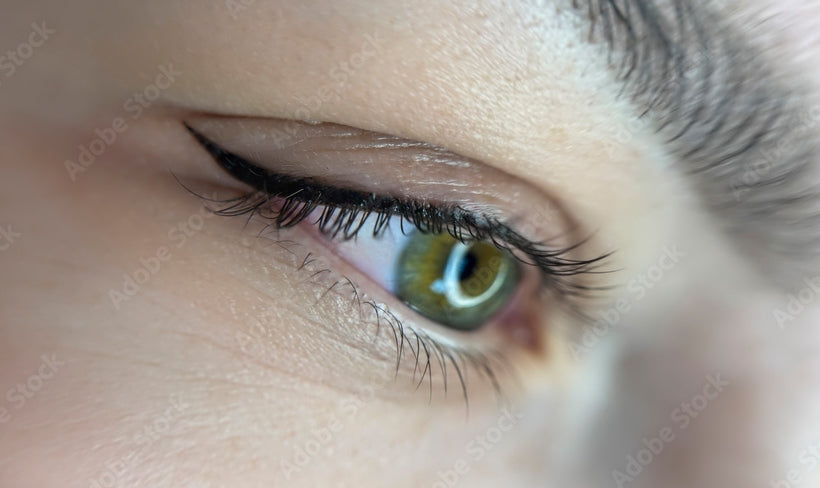 Close-up of a person's eye with detailed focus on the iris and eyelashes.